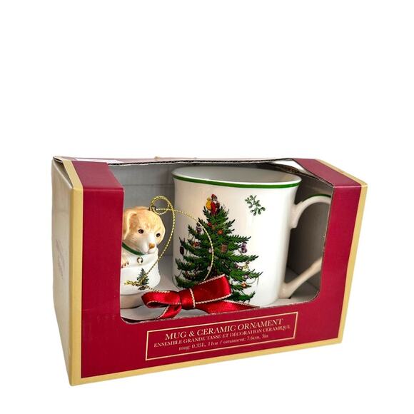 Spode Christmas Tree Mug and Puppy In Boot Ceramic Ornament Set In Box New - Picture 1 of 11